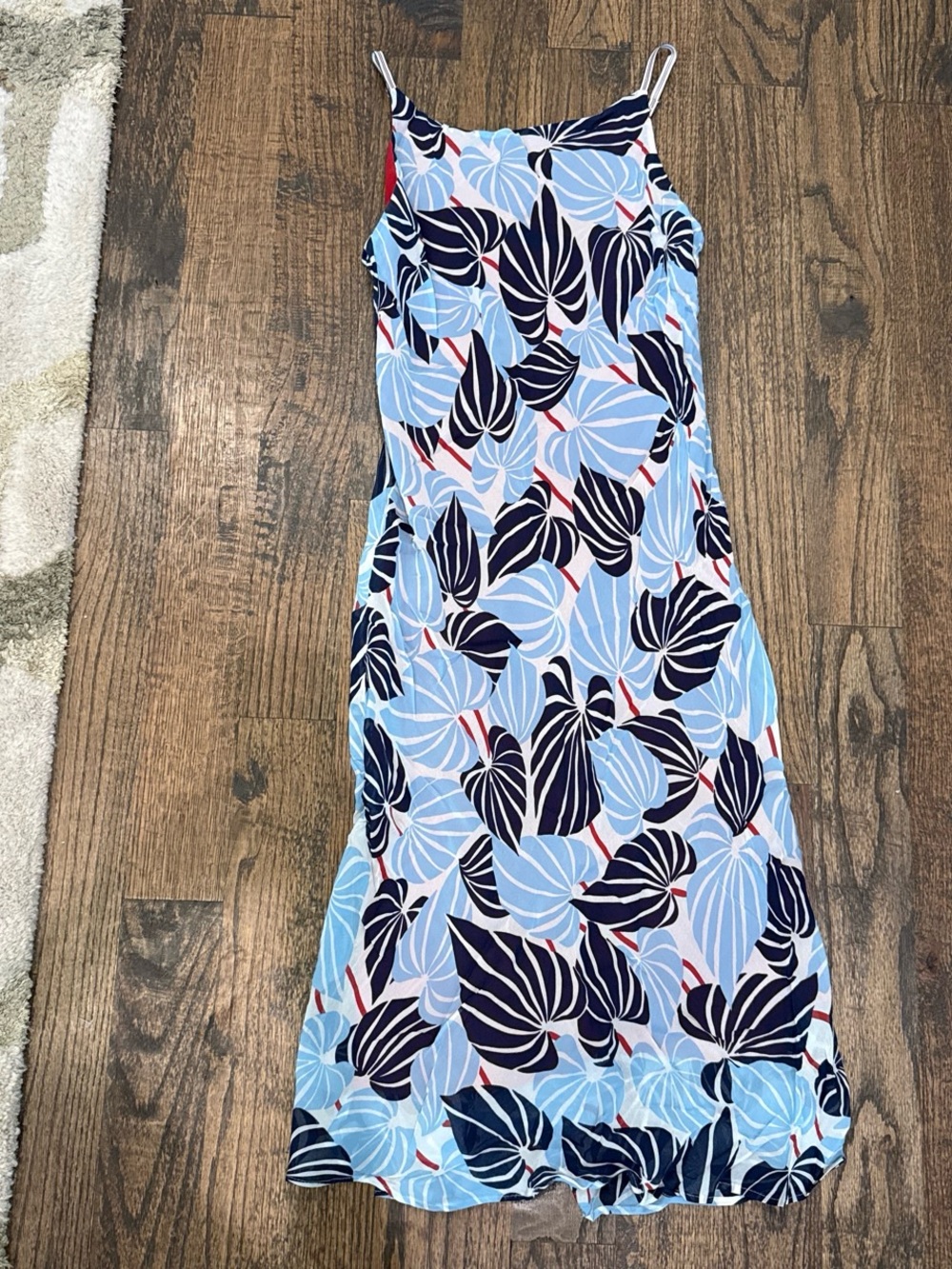 Tropical Leaf Print Slip Dress in Light Blue & Navy
